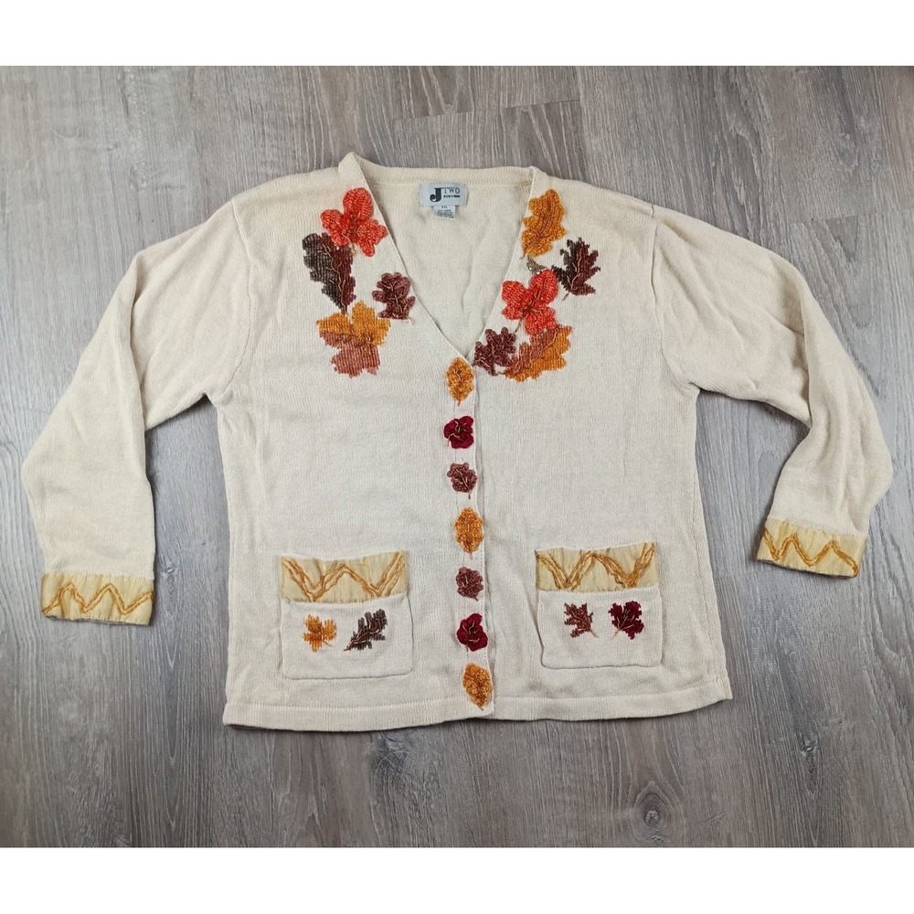 JTwo Embellished Beaded Cardigan XXL Cream Leaves Fall Womens 90s Y2K Autumn